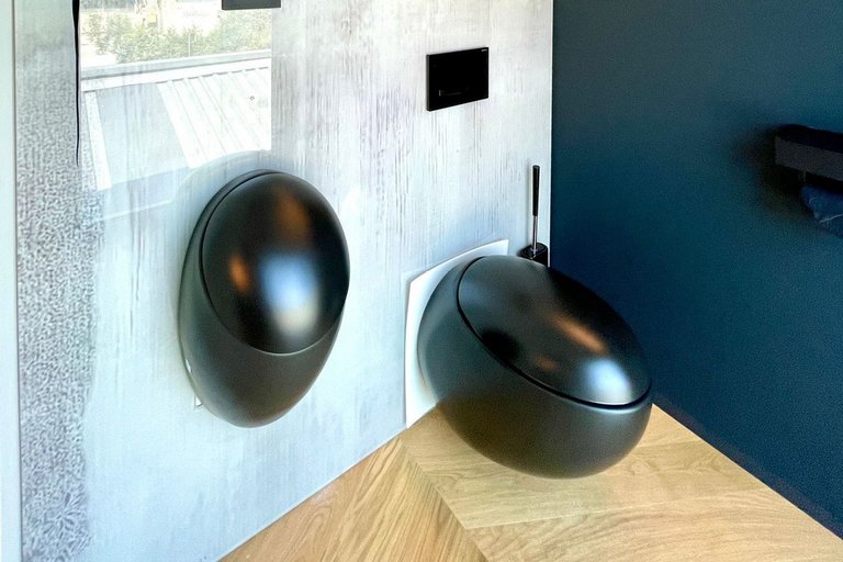 Parquet flooring in a WC with black wall and black toilet