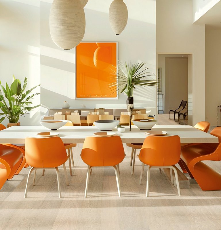 Landhausdiele Eiche weiß geölt Stylisches Esszimmer mit weiß geöltem Eichenparkett, orangen Stühlen, hoher Fensterfront und Hängeleuchte