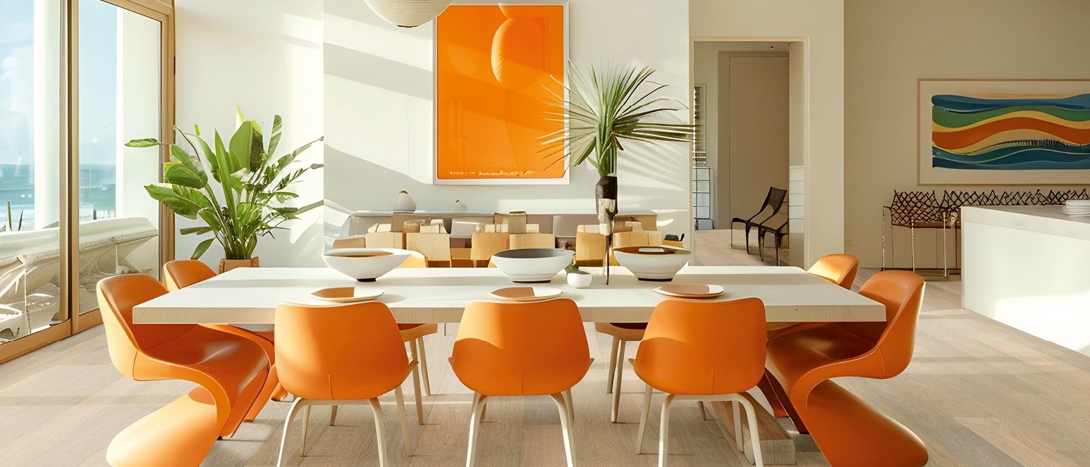 Landhausdiele Eiche weiß geölt Stylisches Esszimmer mit weiß geöltem Eichenparkett, orangen Stühlen, hoher Fensterfront und Hängeleuchte