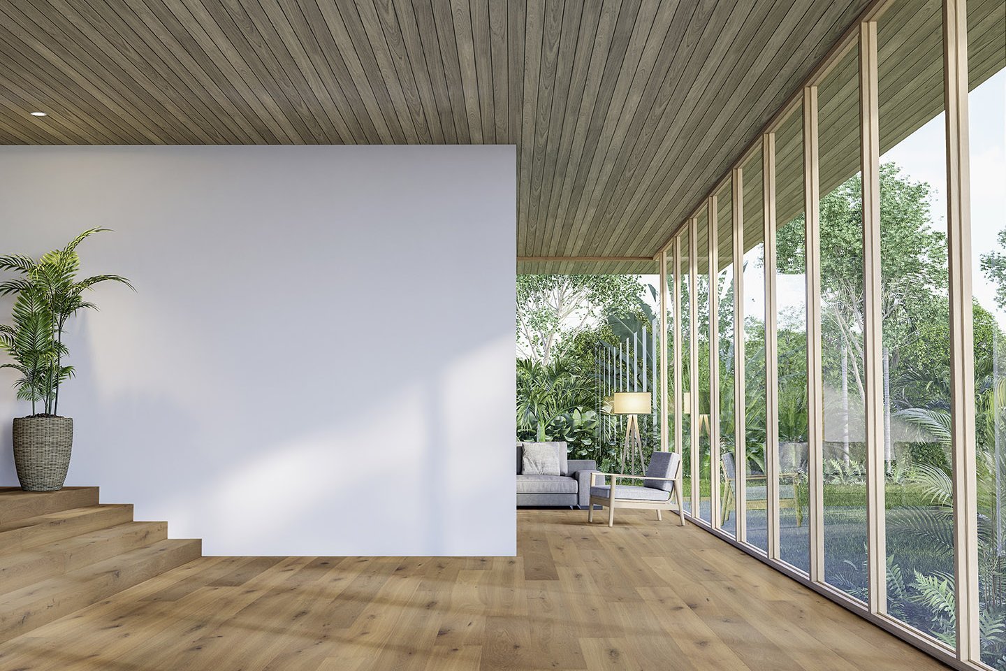 Landhaudsdiele Eiche Milos Raum mit großer Fläche Parkett in Eiche rustikal und Fensterfront in Richtung Garten mit vielen Bäumen