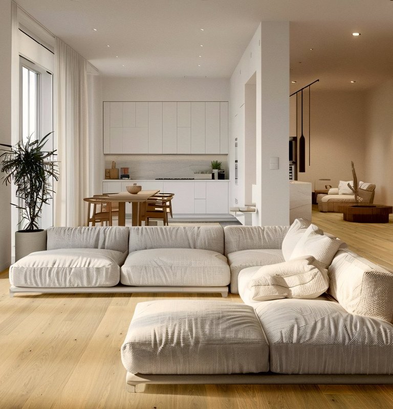 Landhausdiele Eiche Helles Wohnzimmer mit natürlichem Parkettboden, moderner Sitzlandschaft und großer Fensterfront