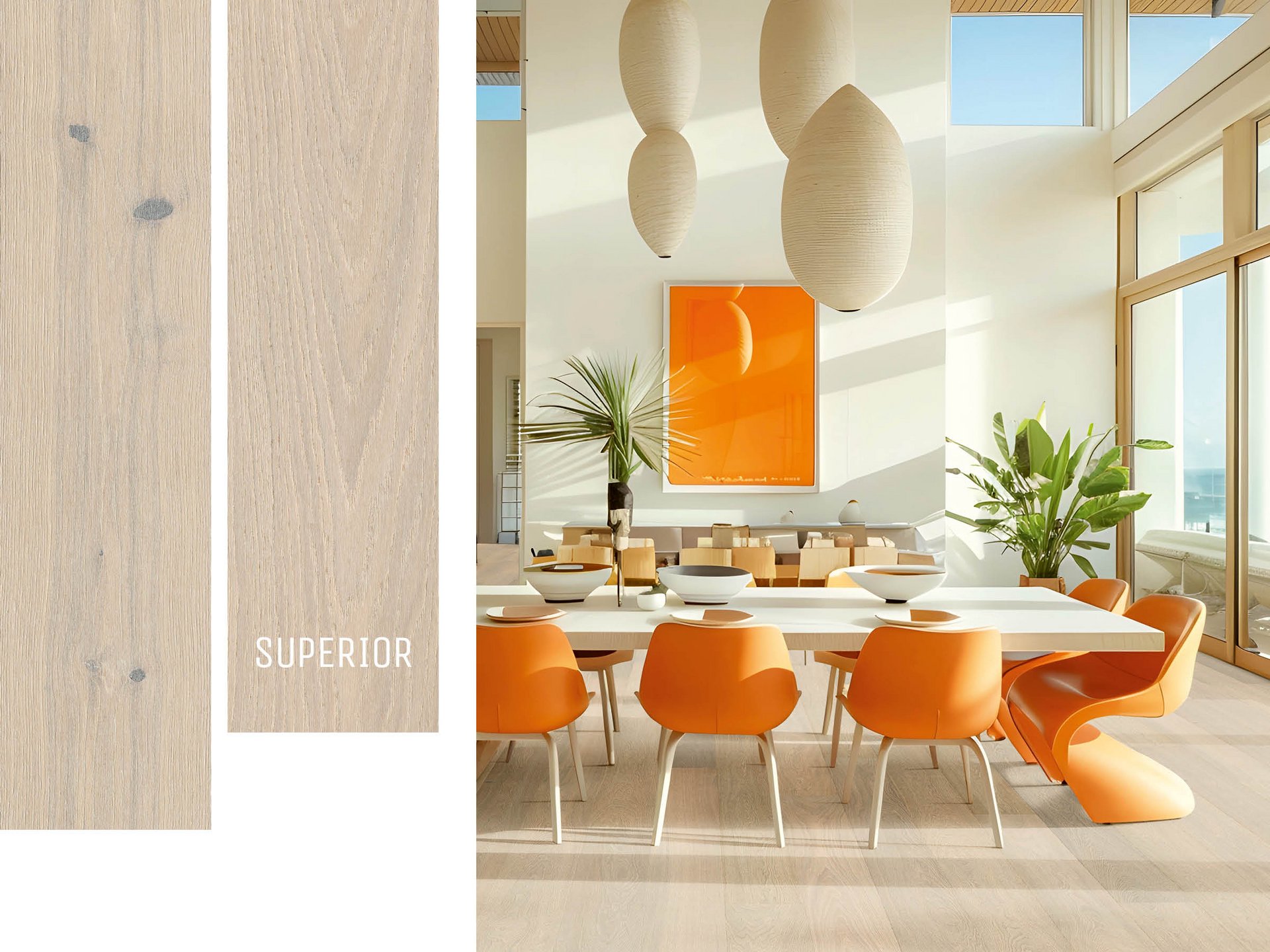 Open dining room with striking pendant lights, orange chairs and decorative elements on an intense white oak country house floor.