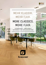 Verlegemuster Katalog Titelseite eines Katalogs mit Verlegemustern von Parkett. Zu sehen ist ein Esszimmer mit Eichen-Fischgrätparkett. Das Titelblatt enthält die Überschrift des Inhalts sowie ein Logo von Scheucher Parkett.
