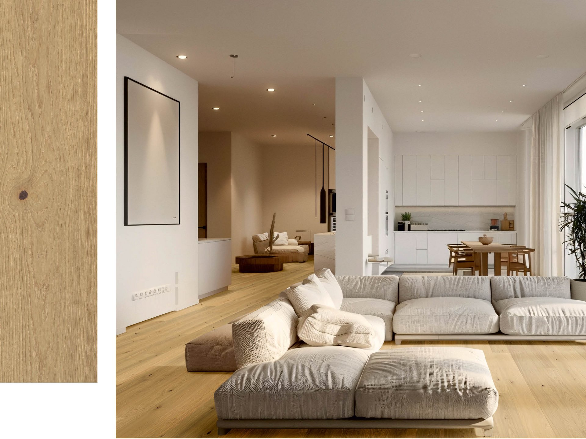 Longstrip Oak BAHAMAS Living room with beige couch on oak parquet flooring