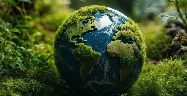 Erdkugel in Blau, deren Kontinente aus Moos bestehen, liegend in einem Moosbett im Wald. Das Bild soll die Bedeutung des Waldes für die Erde symbolisieren.