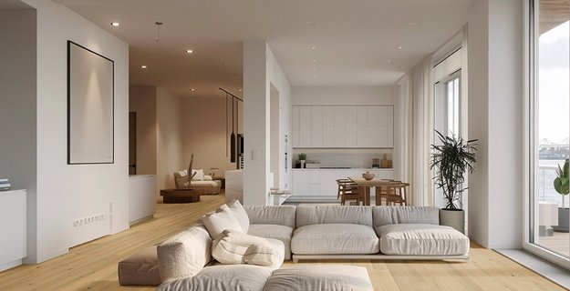 Parkettboden aus Eiche in einem modernen, offenen Wohnraum mit großer Fensterfront. Im Wohnraum befindet sich eine beige Couch und eine weiße Küche mit Holztisch und Holzstühlen davor. Ein beleuchteter Gang mit Spots führt in einen weiteren Raum.