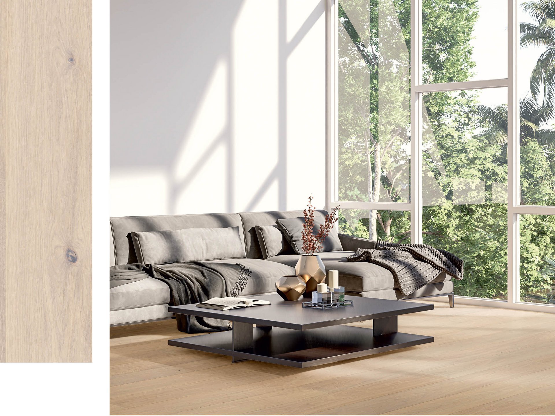 Living room with floor-to-ceiling windows furnished with a dark gray sofa and white oak parquet flooring