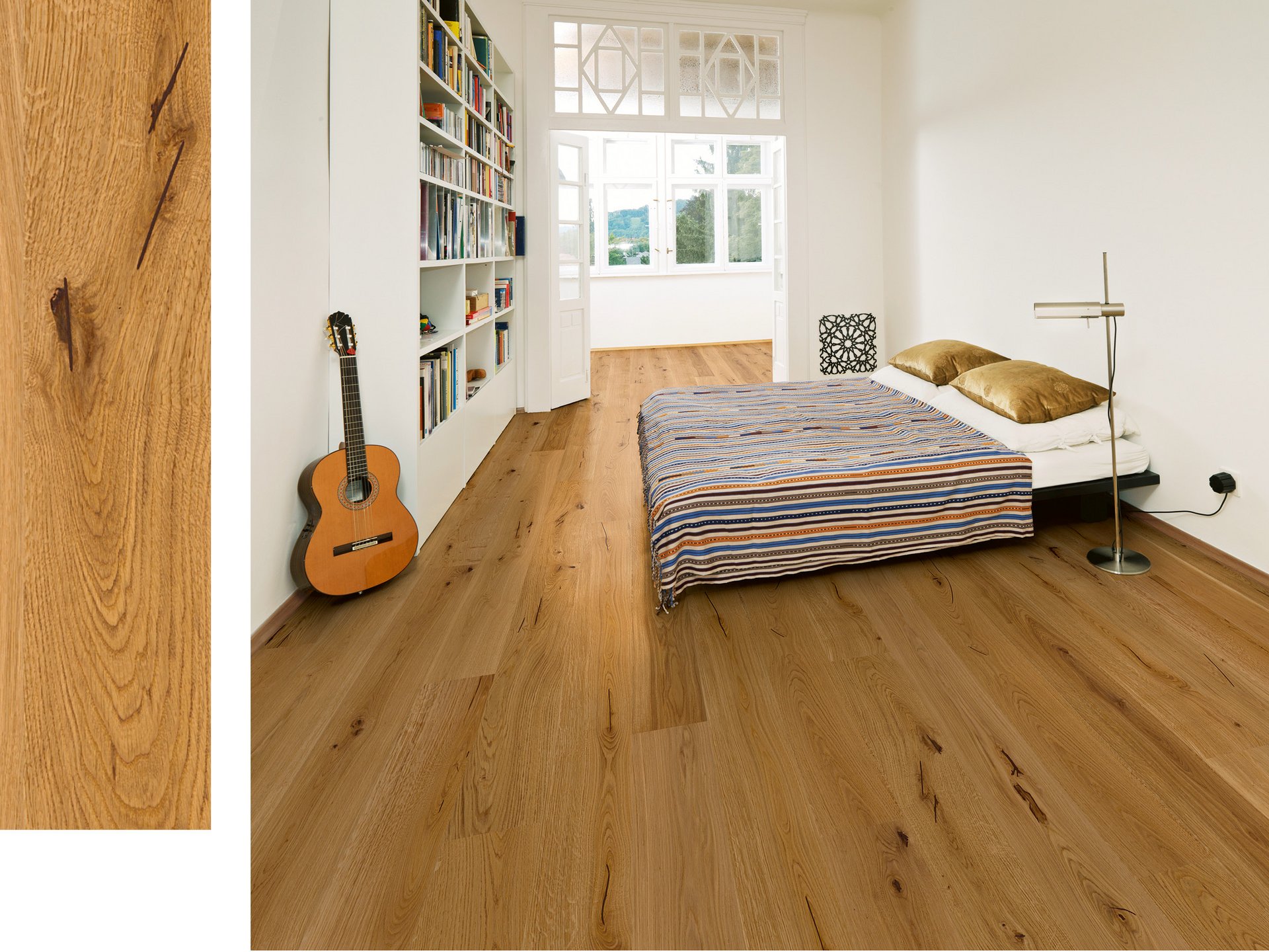 Bedroom in old building style with oak parquet flooring