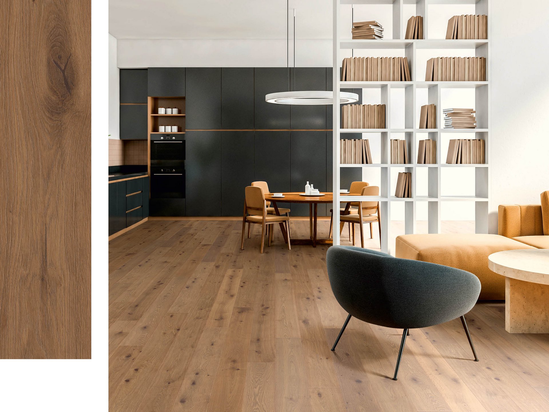 Longstrip Oak GOZO Modern eat-in kitchen black with brown wooden floor in oak with many knots