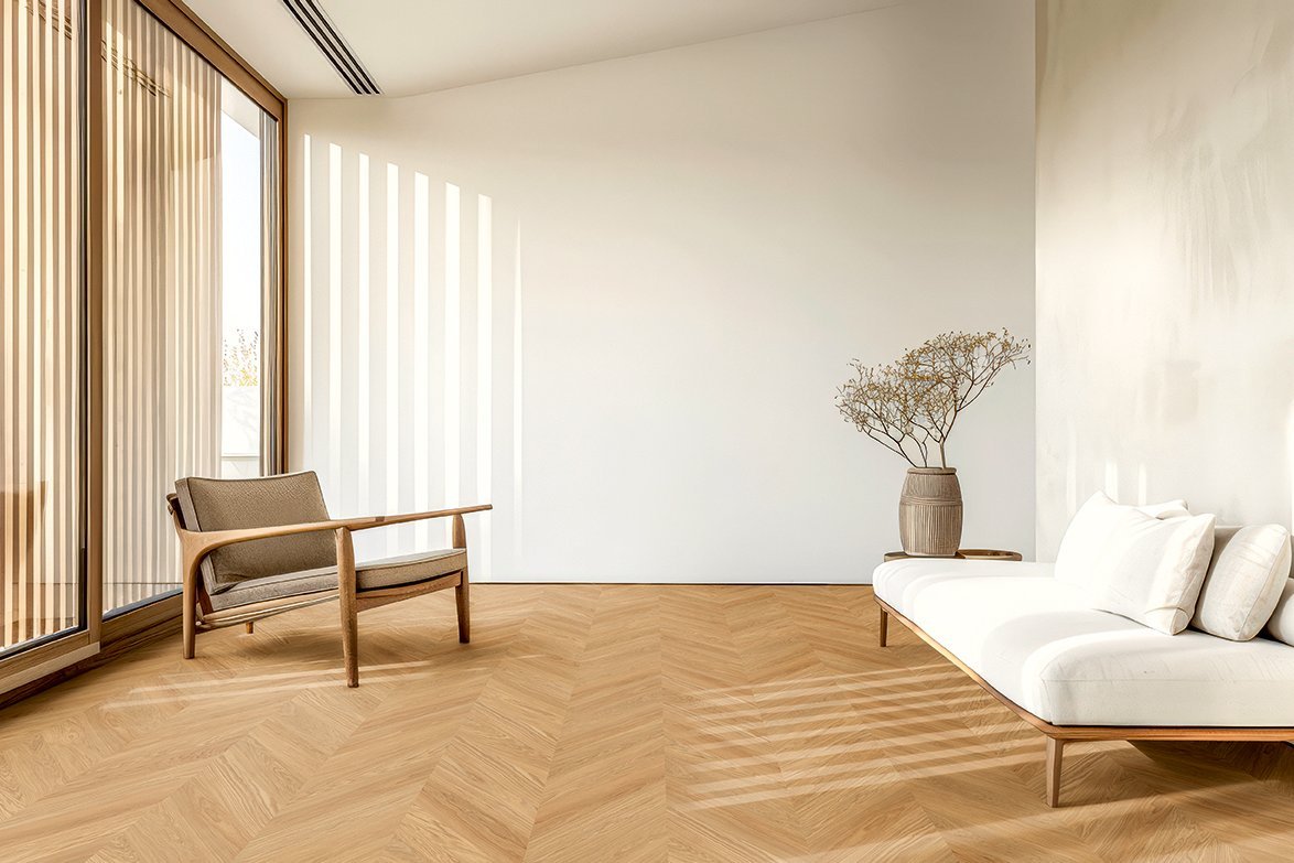 Französisch Fischgrät Parkett Eiche Select Natura Französisch Fischgrät Parkett in hellem, minimalistisch und natürlich gestaltetem Wohnraum