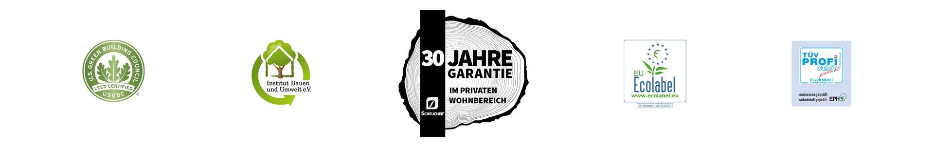 Auflistung an Qualitätslogos für Parkett