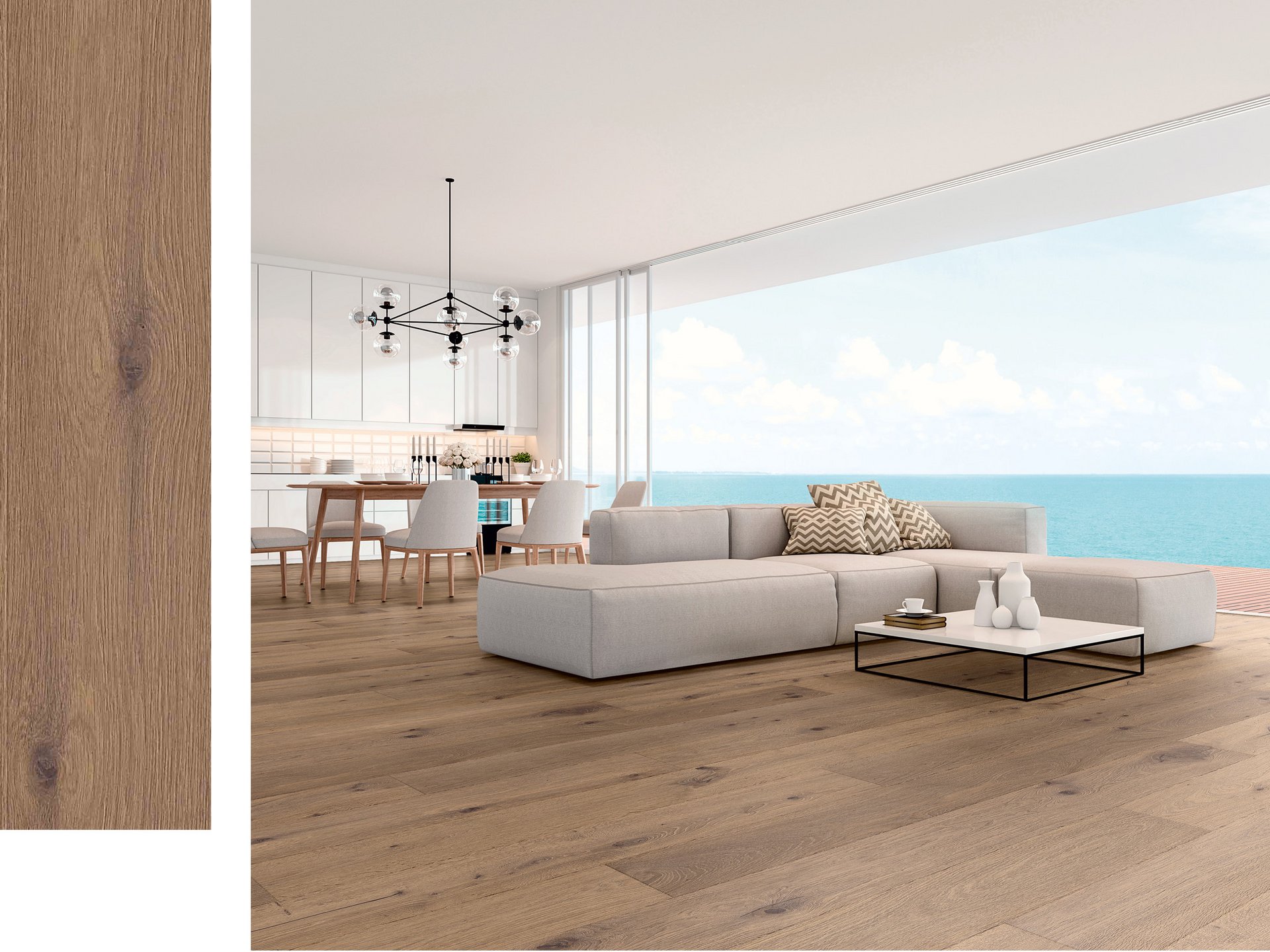 Living room with floor-to-ceiling windows and sea views, a large area of oak floorboards on the floor