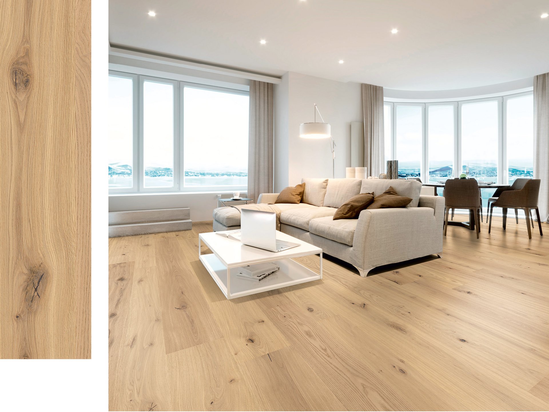 Living room with beige couch and rustic white oak parquet flooring