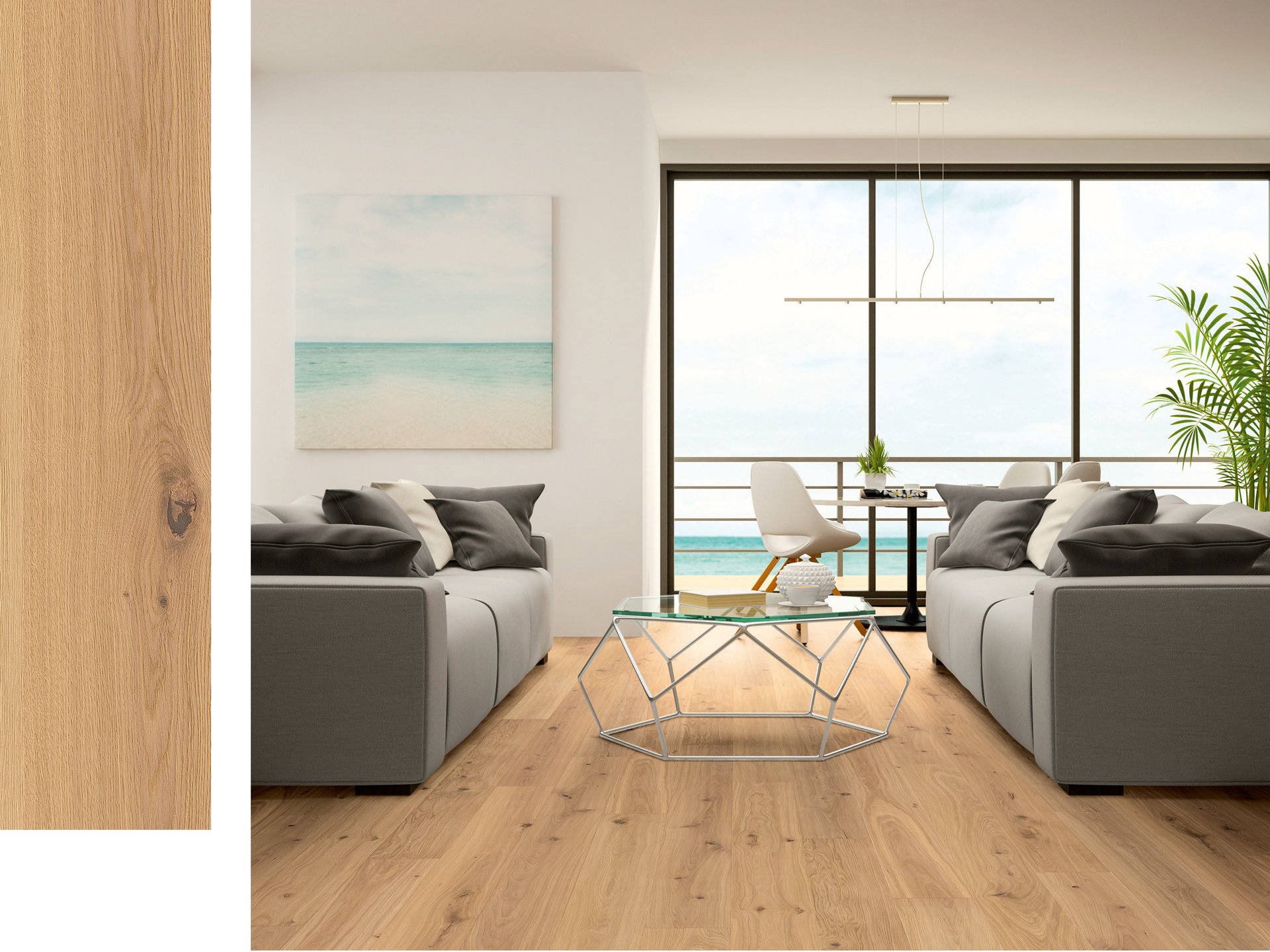 Warm oak parquet flooring in a maritime living style with two sofas in gray