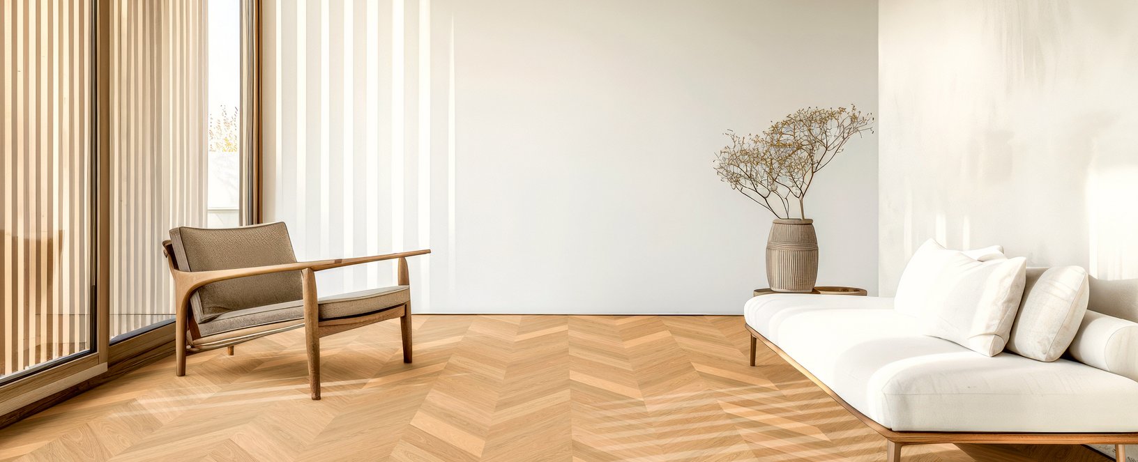 Französisch Fischgrät Parkett Eiche Natur Natura Französisch Fischgrät Parkett in Eiche Natur in Wohnzimmer mit natürlichen Holzmöbel