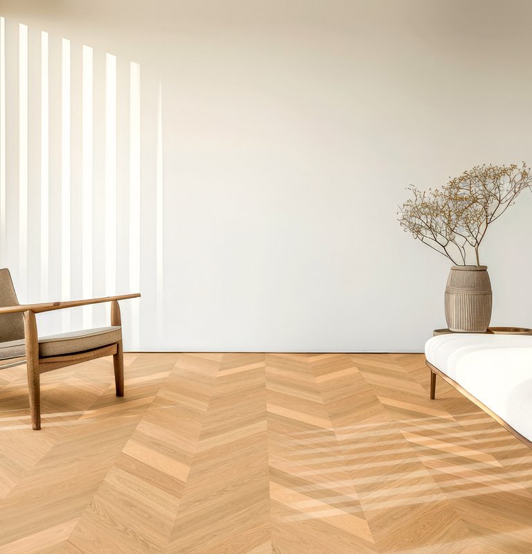 Französisch Fischgrät Parkett Eiche Natur Natura Französisch Fischgrät Parkett in Eiche Natur in Wohnzimmer mit natürlichen Holzmöbel