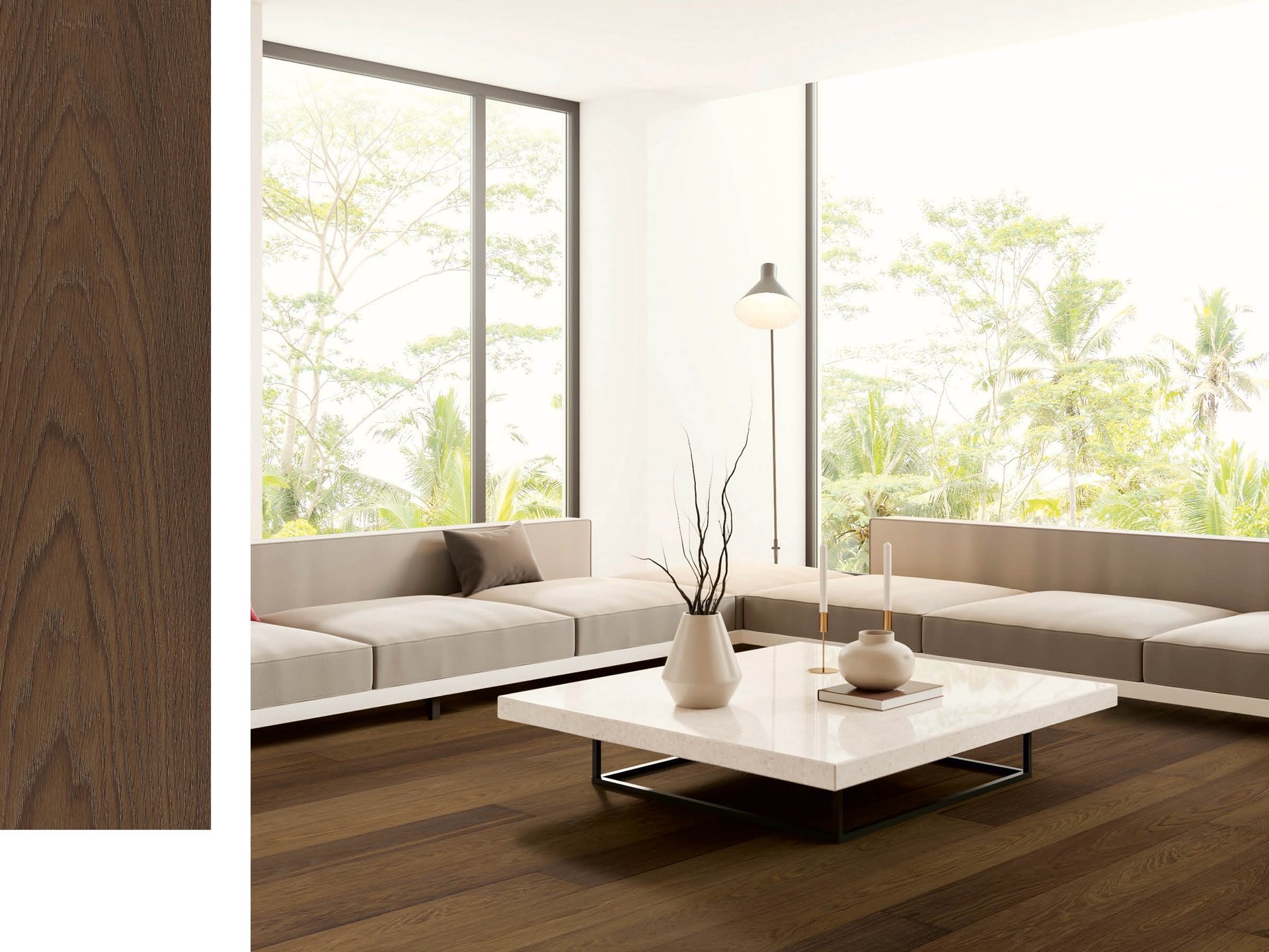 Living room with dark brown parquet flooring and light-colored furniture, with a view of nature.