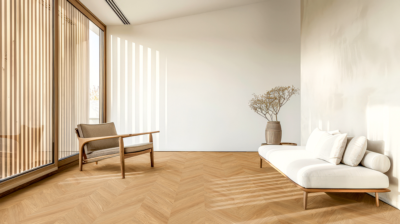 Französisch Fischgrät Eiche Select Natura Französisch Fischgrät Parkett Eiche in natürlich minimalistisch gehaltenem Raum mit weißem Sofa und braunem Stuhl und Trockenblumen