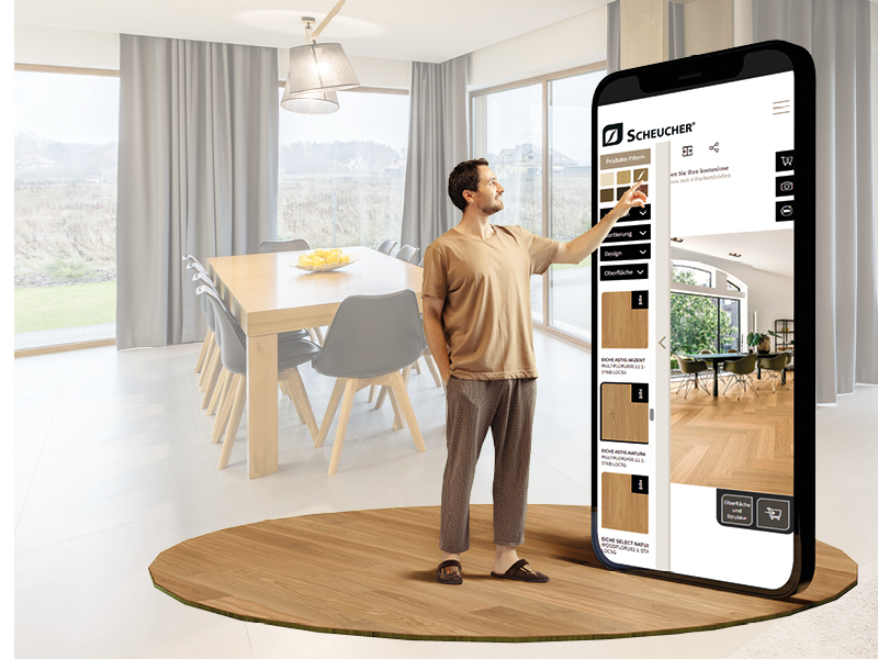 Mann sucht Parkettboden auf Handy aus und steht auf einem Parkett